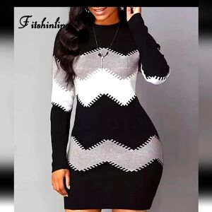 CLEARANCE Sweater Dress CrewNeck Zig Zag Color Block Tunic Top NEW!